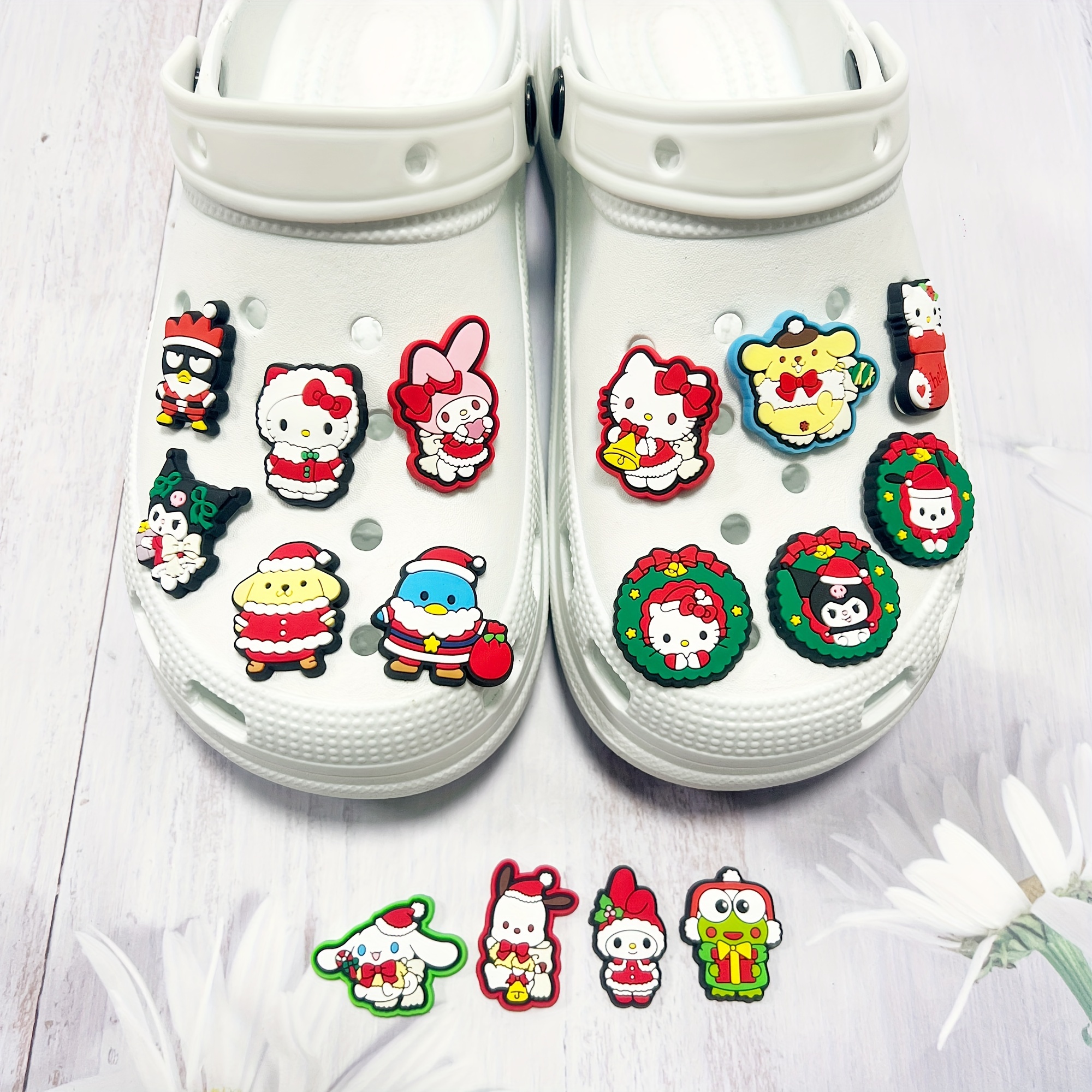 

Hello Kitty Christmas Shoe Charm Set - 16pcs Diy Detachable Decorations For Sandals & Slippers, Perfect Gift Idea, Christmas Charms For Shoes, Sanrio