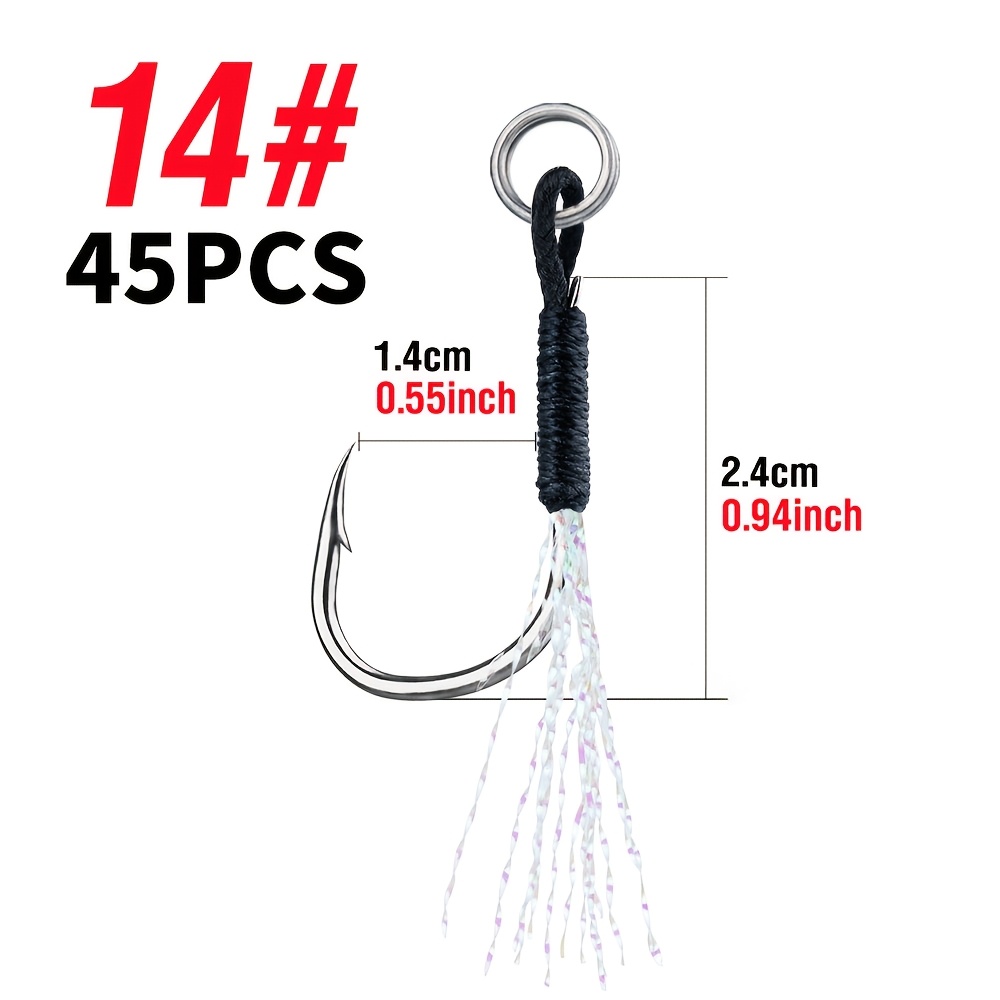 TEMU 45pcs/box High Carbon Steel Jig Assist Hooks With Solid Ring & Flash Tinsel, Saltwater & Freshwater Jigging Fishing Hooks, Size 10#-14#, For
