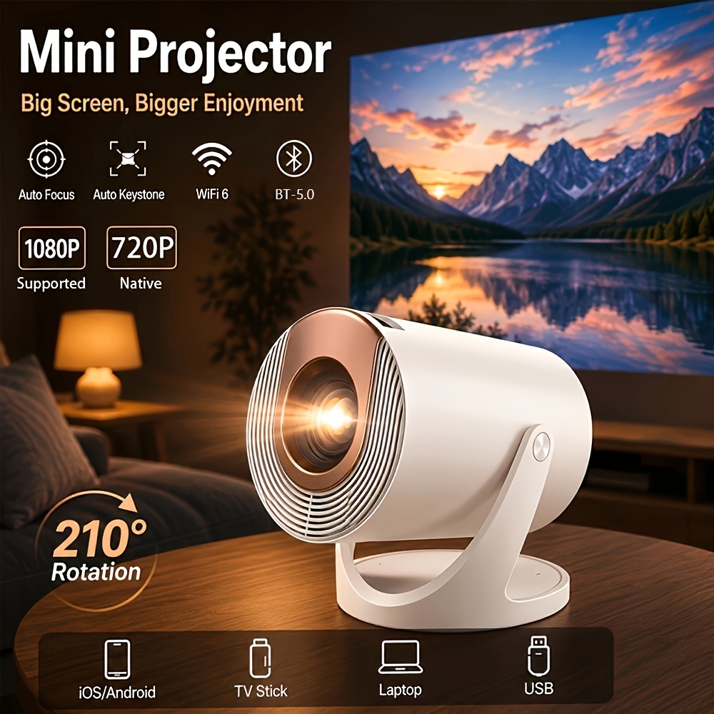 Image of Smart Mini Projector: A Wireless Projector With Wi-fi , Supporting 4k 1080p Resolution. It Features Built-in Stereo Speakers And Audio For A Home Theater Experience