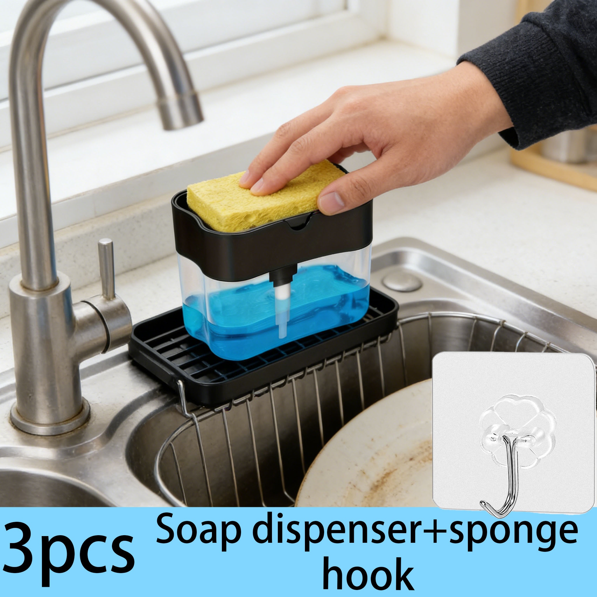 TEMU 3pcs Soap Dispenser And Sponge And Hook 1pc Kitchen Manual Press Washing Liquid Automatic Dispenser, Manual Operation, No Electricity Required