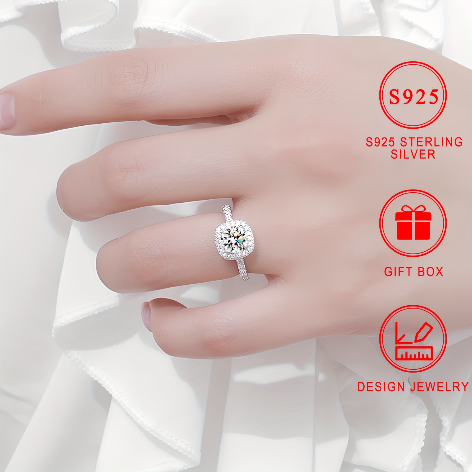 925 Silver CZ Engagement Ring, 4-Prong Setting, No Plating