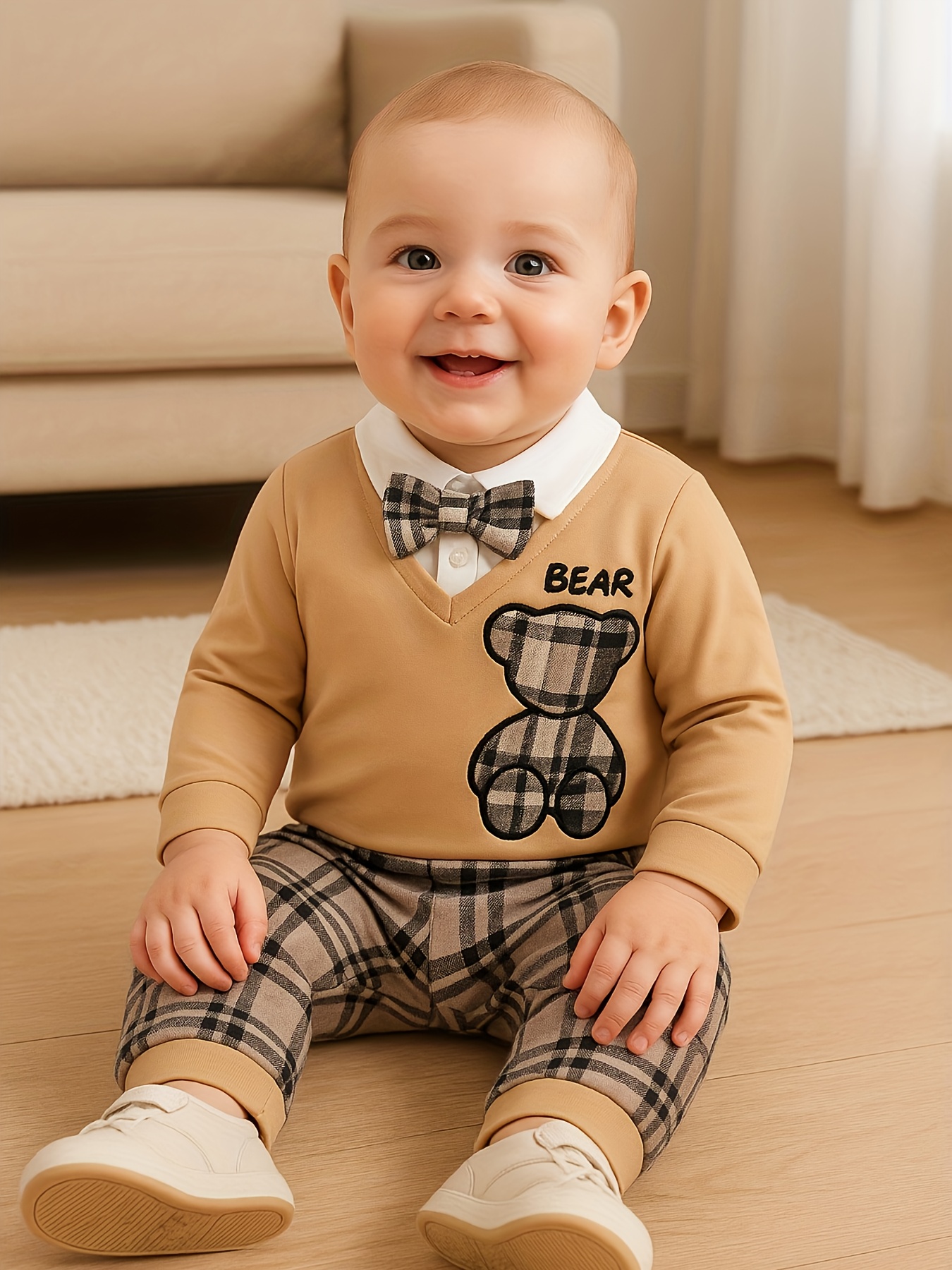 HIBOBI 2-delige Jongens Outfit Set met Ruitjes & Beer Print voor Alle Seizoenen - Bruin en Zandkleurig Tartan Geruite Lange Mouwen Romper met Bijpassende Broek
