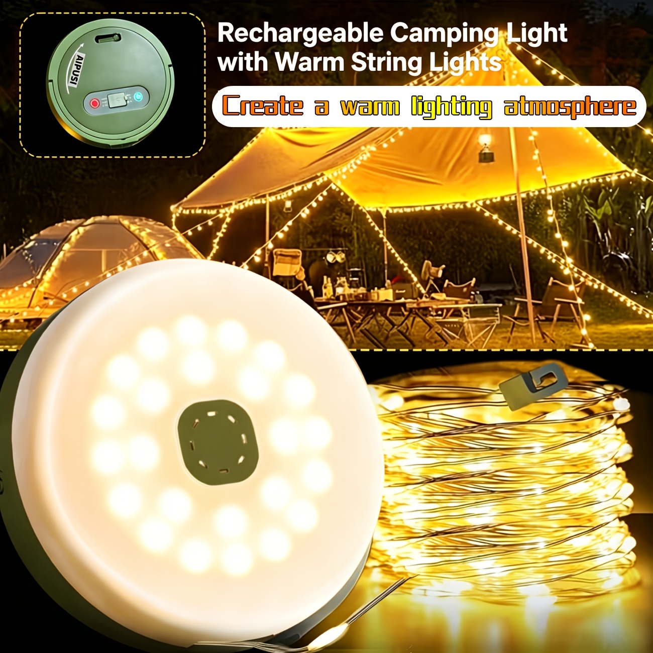 TEMU Solar Camping String Lights, Outdoor Camping Lights, 8 Lighting (33 Feet), Waterproof, Type-c Fast Charging, Portable Camping Lights For