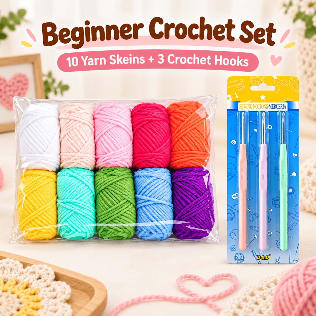 TEMU Crochet Kit For Beginners 10 Colors, Acrylic Blend Yarn Set With 3 Crochet Hooks 2.0-3.0mm, Soft Yarn Knitting Supplies For Diy Crafts, Starter