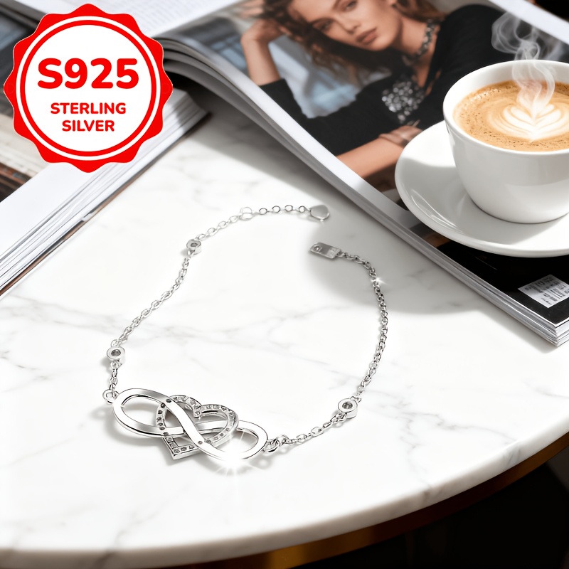 Women's S925 Sterling Silver Double Heart Large Number 8 Bracelet