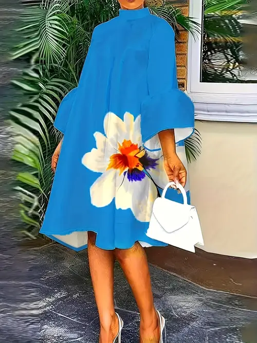 womens elegant high neck bell sleeve loose dress floral print midi dress