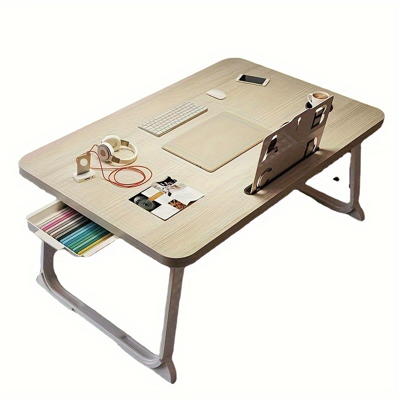 

1pc Portable Folding Study Desk For Bed And Sofa, Multi-purpose Laptop Table With Wood Top And Metal Frame, Space-saving Design For Dorm, Bedroom, And Bay Window Use