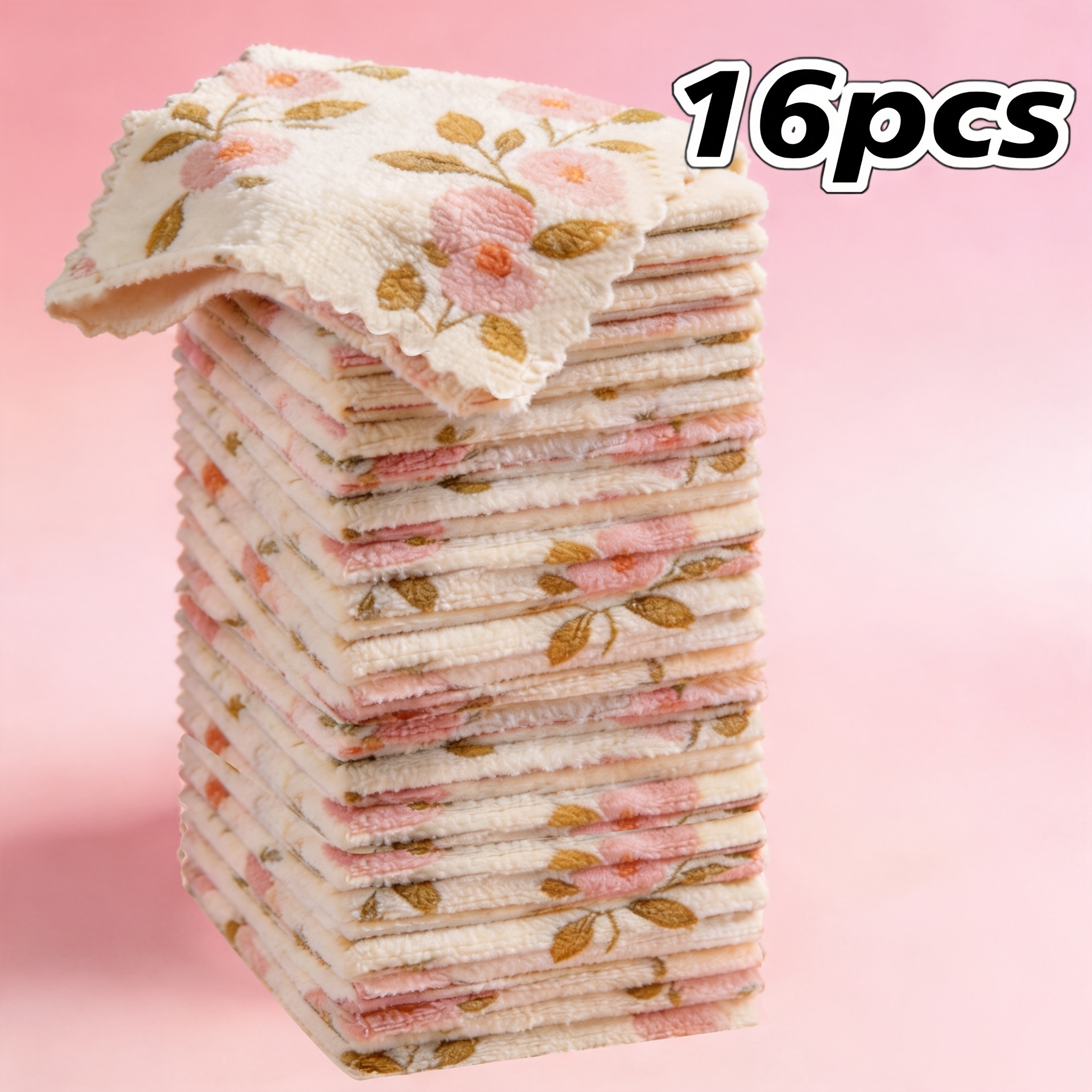 Image of 8/16/32pcs Coral Fleece Reusable Cleaning Cloths, Super Absorbent Quick Drying Soft Towels, Coral Pink Golden Pattern Wipes For Kitchen, Bathroom, Glass, Car Washing