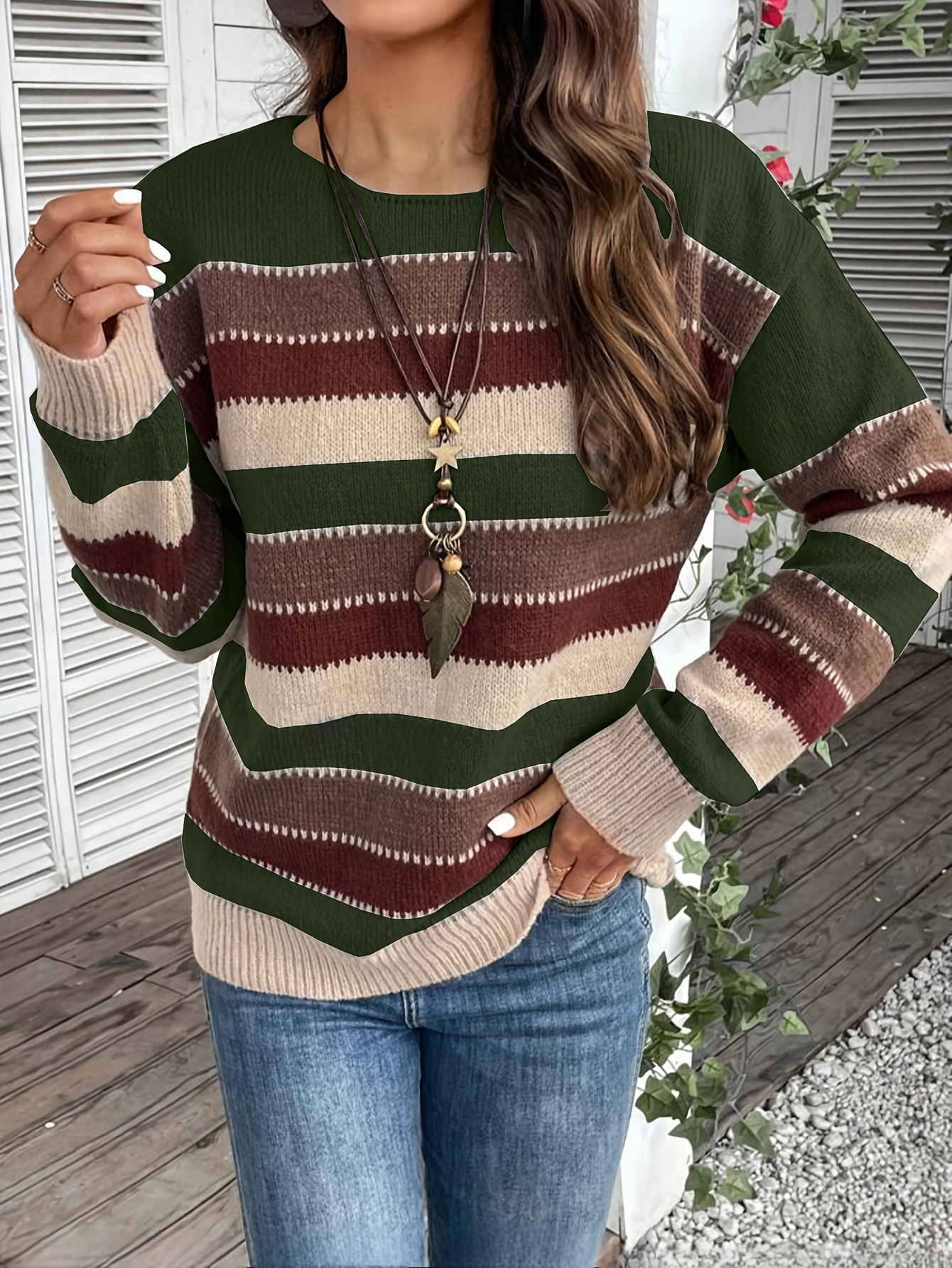 vintage casual dames trui - zacht, medium-rekbare ronde hals lange mouw, horizontaal gestreepte losse pasvorm pullover voor   in alle seizoenen & dagelijkse elegante  , schattige sweaters, elegant laagje, duurzame gebreide kleding 3