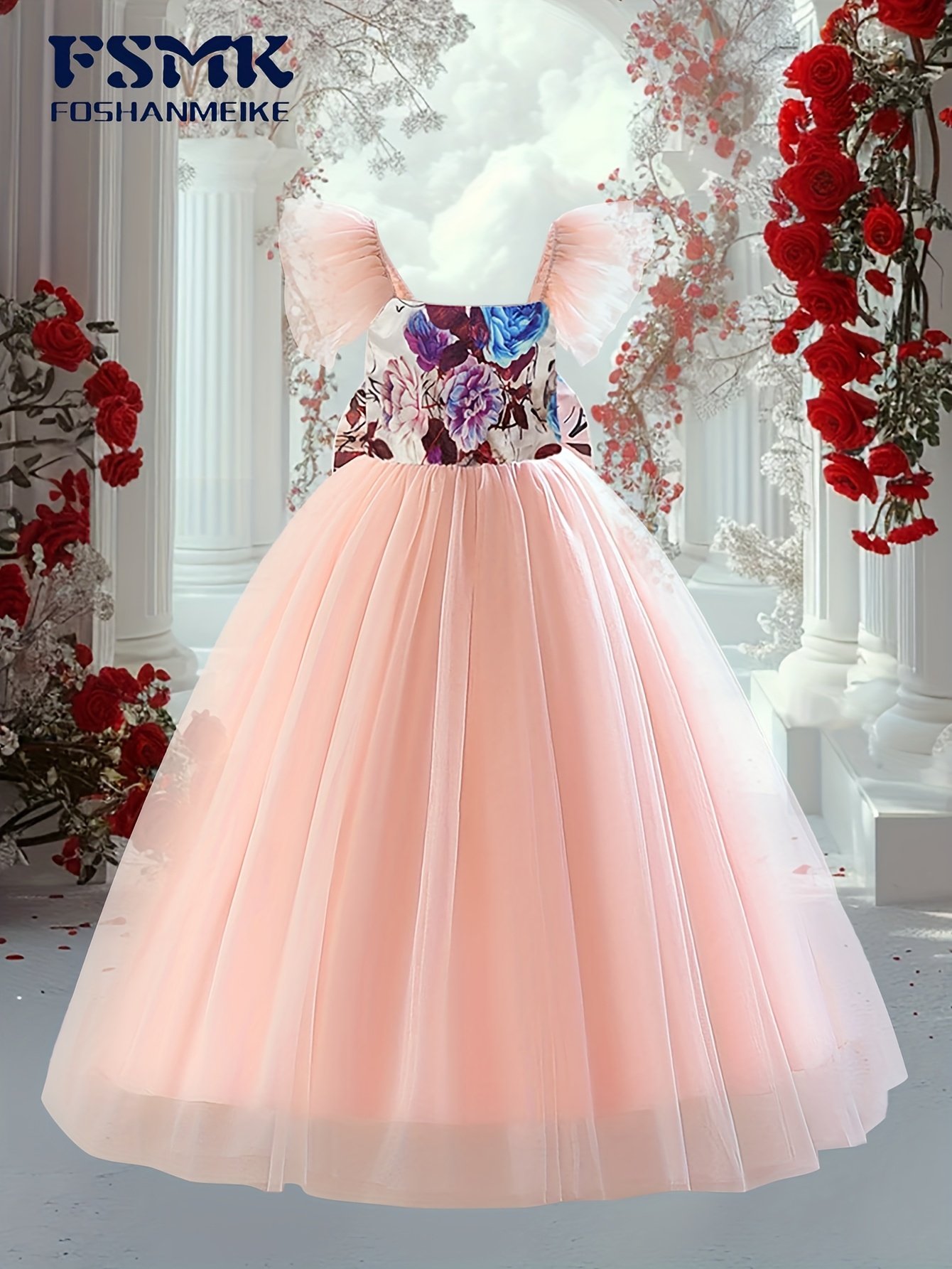 open lace back dress Girl's Rose Red Slant Shoulder Wrought Fabric Stereoscopic Flower Prin –  FanHao Dress main image 0