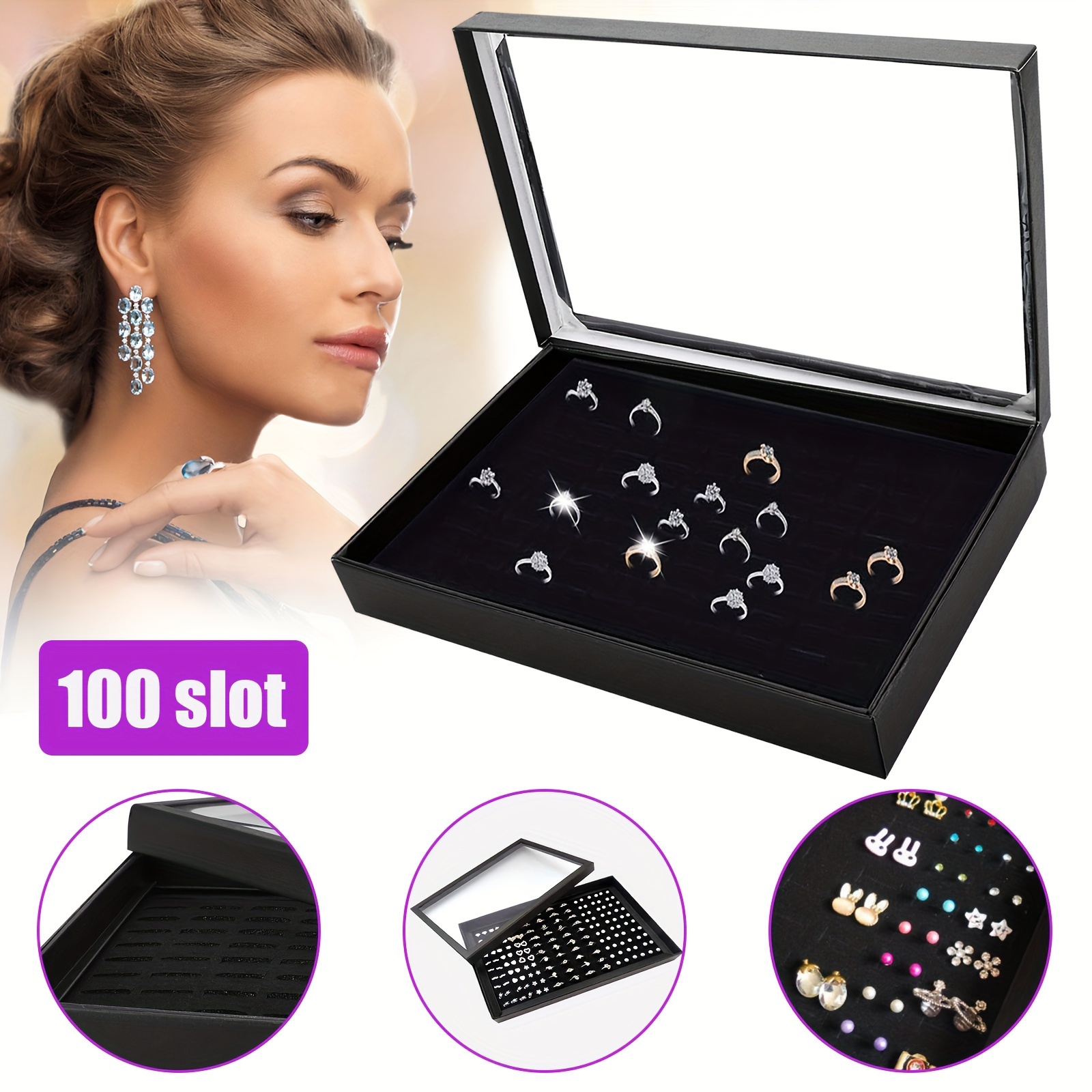 

100 Slots Jewelry Ring Display Box, Large Capacity Organizer, Tray Holder Earrings Storage Boxes Case, With Clear Lid