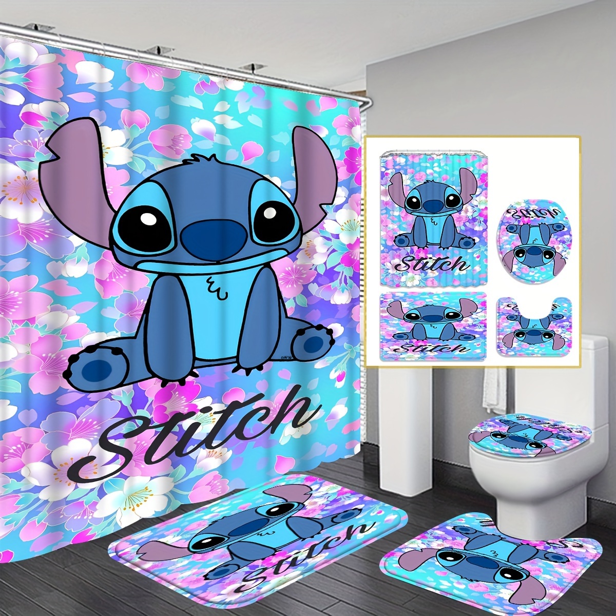 

whimsical Charm" Disney Stitch 4-piece Shower Curtain Set - Waterproof, Includes 12 Hooks & Non-slip Bath Mats, U-shaped Toilet Rug - Perfect For Bathroom Decor