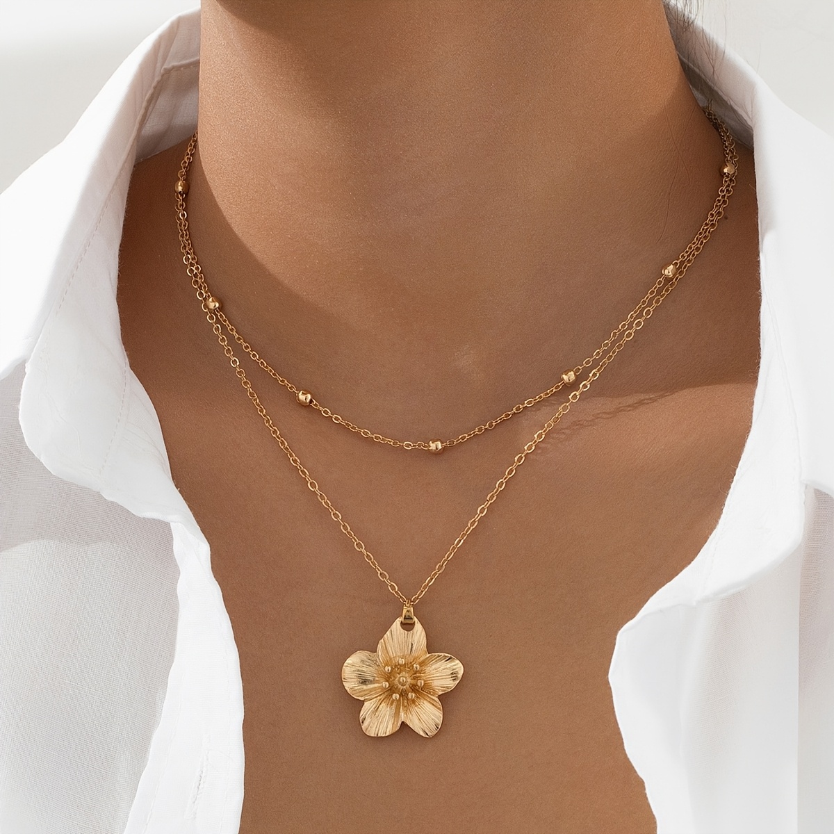 Image of A Two-layer Stacked Pleated Flower Pendant Necklace Fashion Easy Women's Necklace Suitable For Daily Wear And Gift