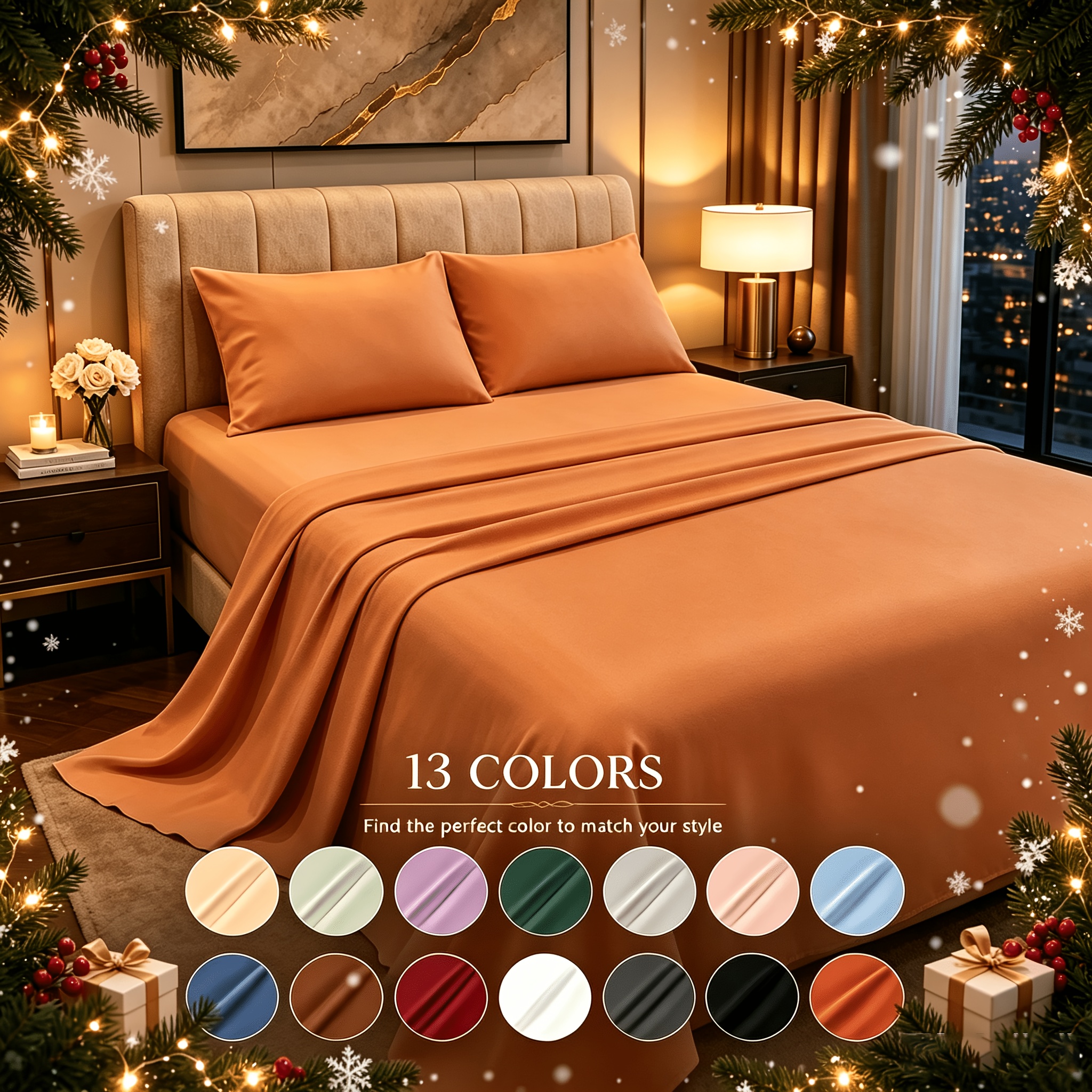 TEMU [] Linge de lit en bambou Queen Noël 3/4 pièces Ensemble de draps Doux Respirant Rafraîchissant Draps de lit Décoration Festive à carreaux Linge