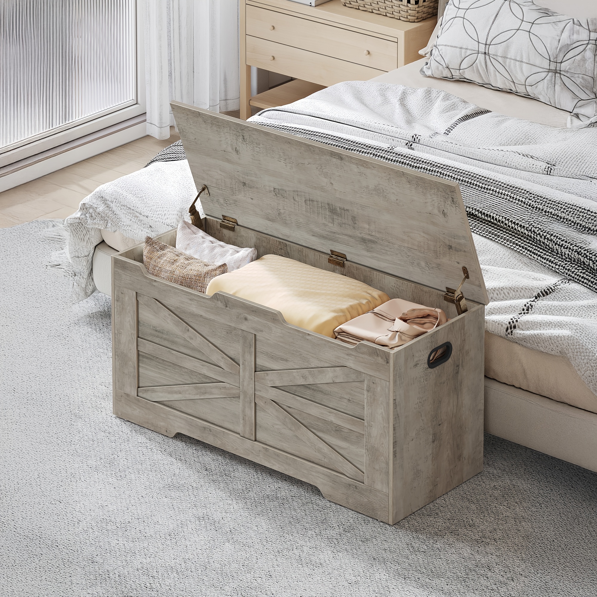 Storage Chest, Storage Trunk, Wooden Storage Bench - 39.4" Lift-Top Storage Organizer with 2 Safety Hinges, Shoe Bench for Entryway, Bedroom, Living Room, Rustic Brown/White/Greige