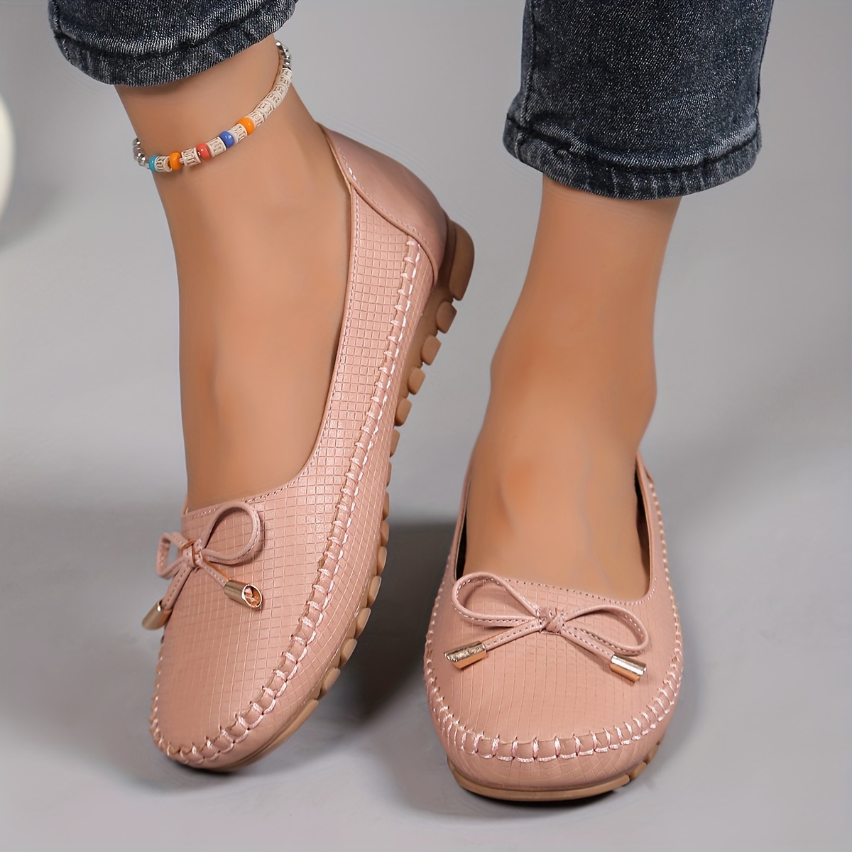 Solid Color Bow Flat Women's Shoes, Comfortable Slip-On Loafers