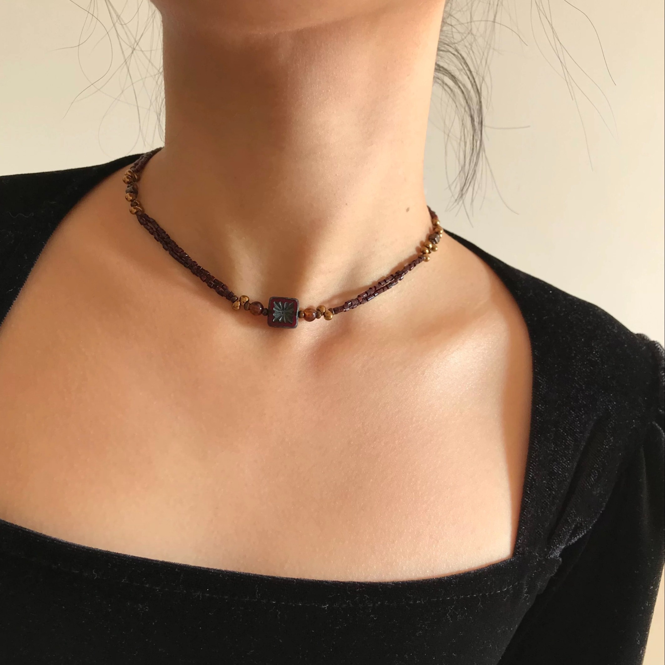 

1pc Vintage Bohemian Style Women' Necklace, Burgundy Brown Geometric Beaded Choker, Alloy No-plating, For & Gifting, Accessory