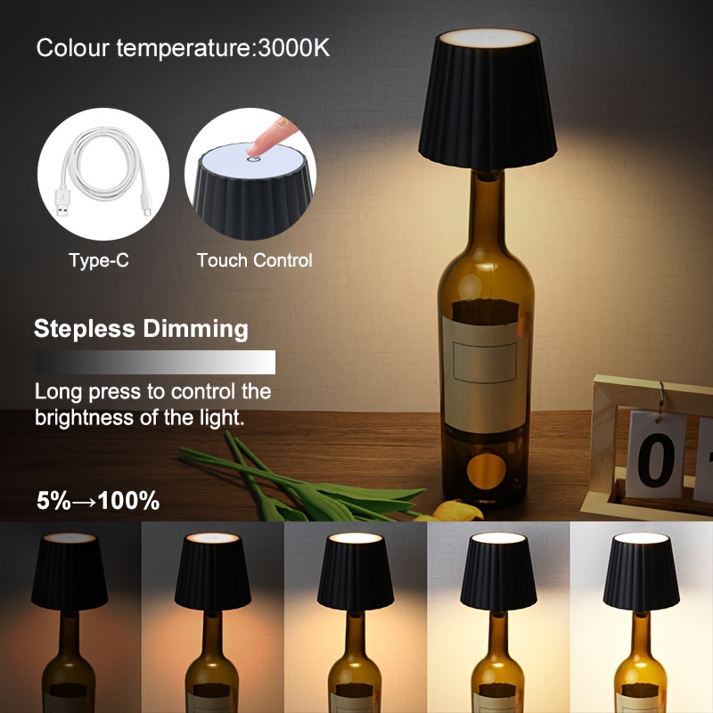 Lampe Abat-Jour Pour Bouteille - Sans Fil, Touch 3 Couleurs, Rechargeable USB - Déco Bar, Restaurant