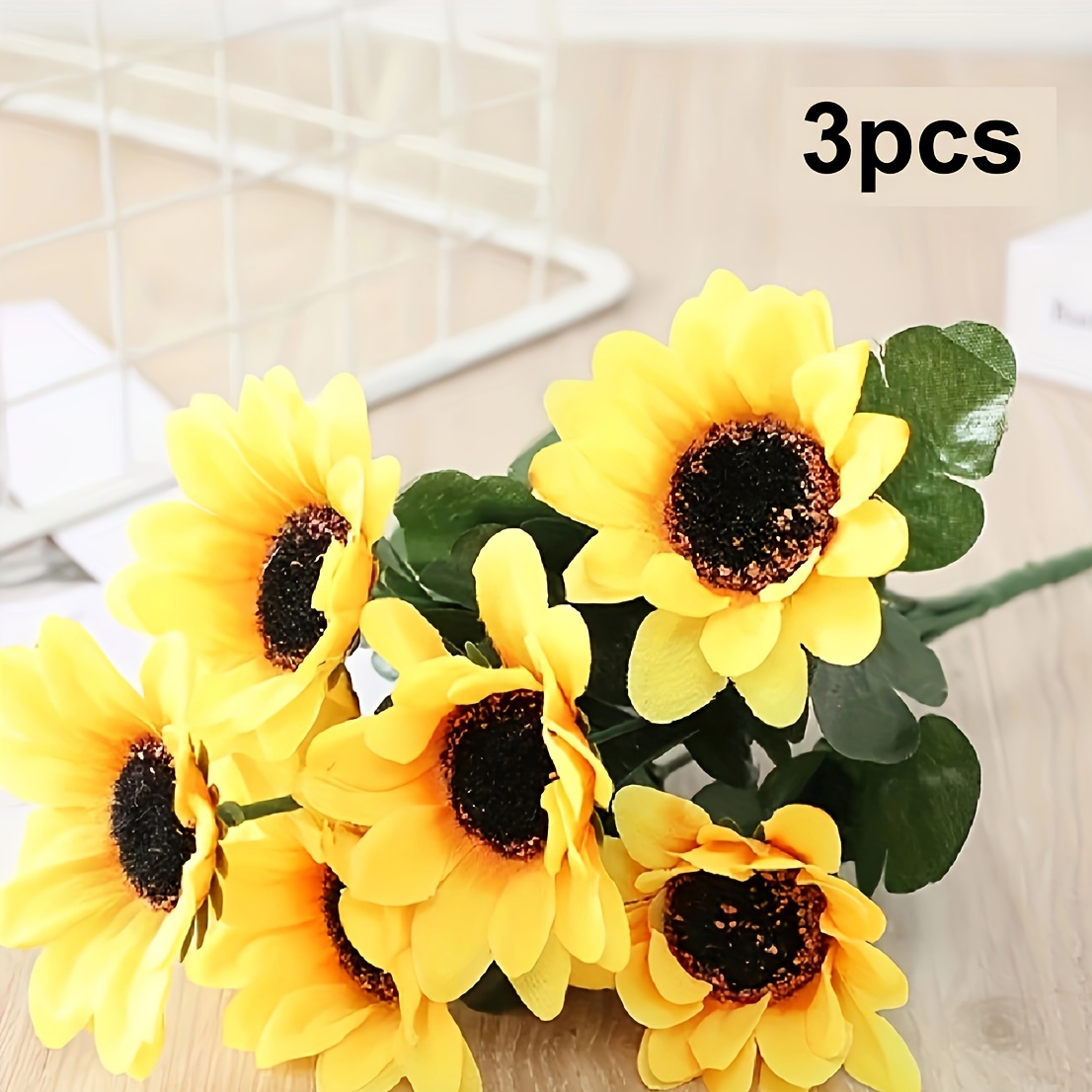 TEMU 3pcs Lifelike Sunflower Bouquets - 21 Each, Home & Wedding Decor, Ideal For Valentine's Day, , Easter, Thanksgiving, Day