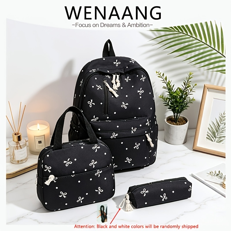 TEMU Fashionable Casual Cute Bow Print Women's Backpack Kit Large Capacity Multifunctional Daily Backpack Pencil Case Lunch Bag Zipper Adjustable