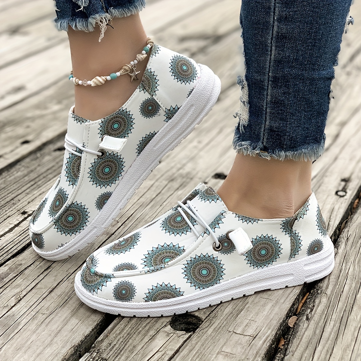 Women's Lily Flower Printed Canvas Shoes Round Toe Lace Low - Temu
