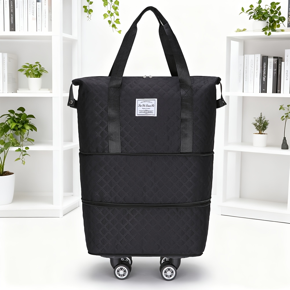 Image of Women's Expandable Travel Bag With Detachable Wheels, Large Capacity 43l Rolling Bag For Cabin Flight Holiday, Quilted Weekender Tote Bag With Toiletry Pockets, Lightweight Hand Luggage Trolley Bag