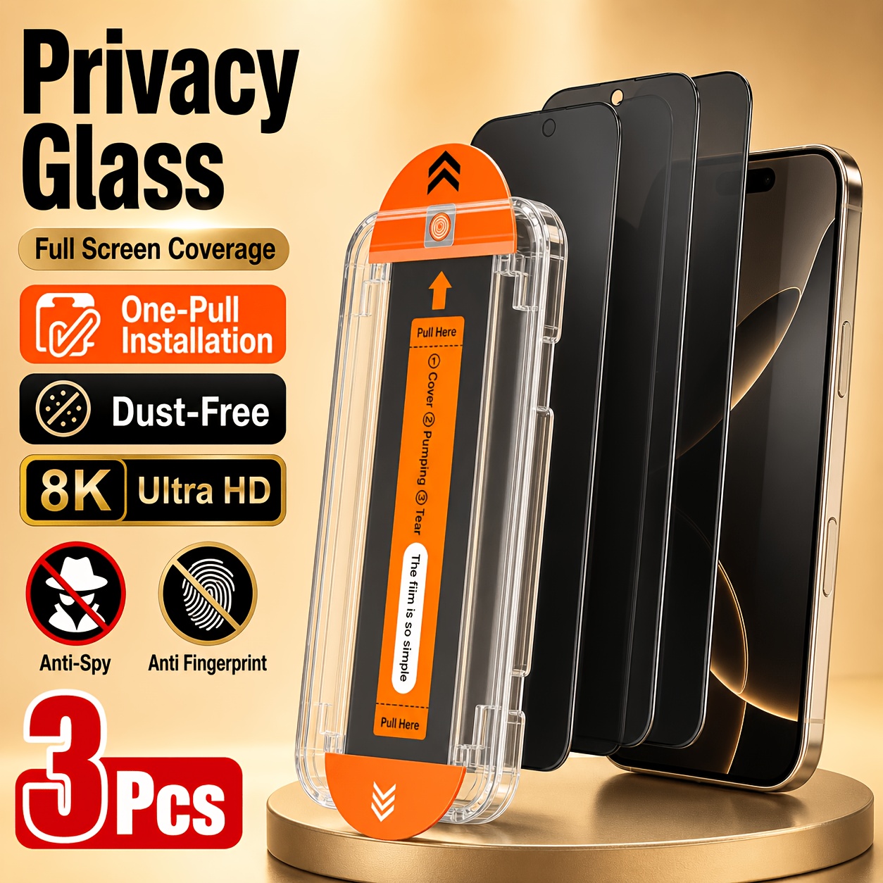 TEMU Casecops 3pcs Privacy Tempered Glass Screen Protector With Dust-free Auto-alignment Install Kit For 18 Pro Max/18 Pro/17 Pro Max/17 Pro/16 Pro