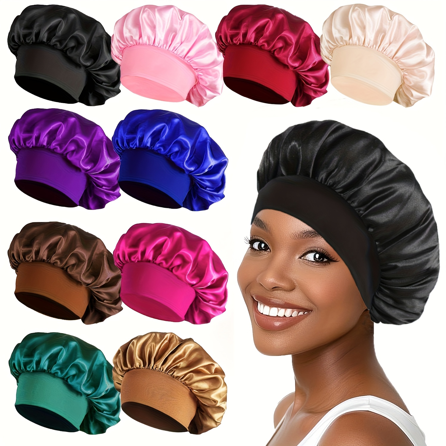 10pcs Set Of Light Luxury Satin Sleep Caps Women's Printed Care Cap With Elastic Elasticity Indentation Design For Hair Care, No Hairstyle, Home Beauty Calming Device