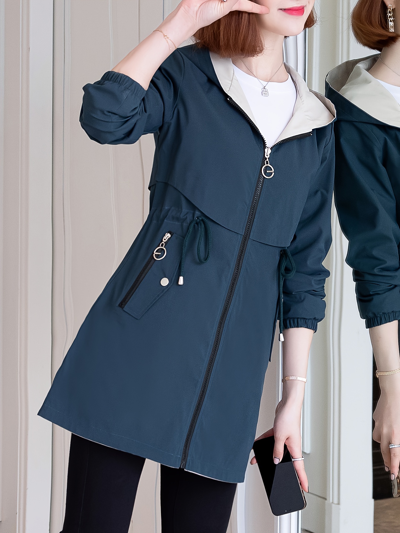 Chaqueta casual de inspiración coreana para mujer, doble cara, midi, con cintura ajustable, cierre de cremallera y forro de contraste, color sólido, abrigo para primavera/otoño, chaqueta rompevientos, atuendo casual, estilo de moda coreana, diseño de cintura entallada - Imagen 5