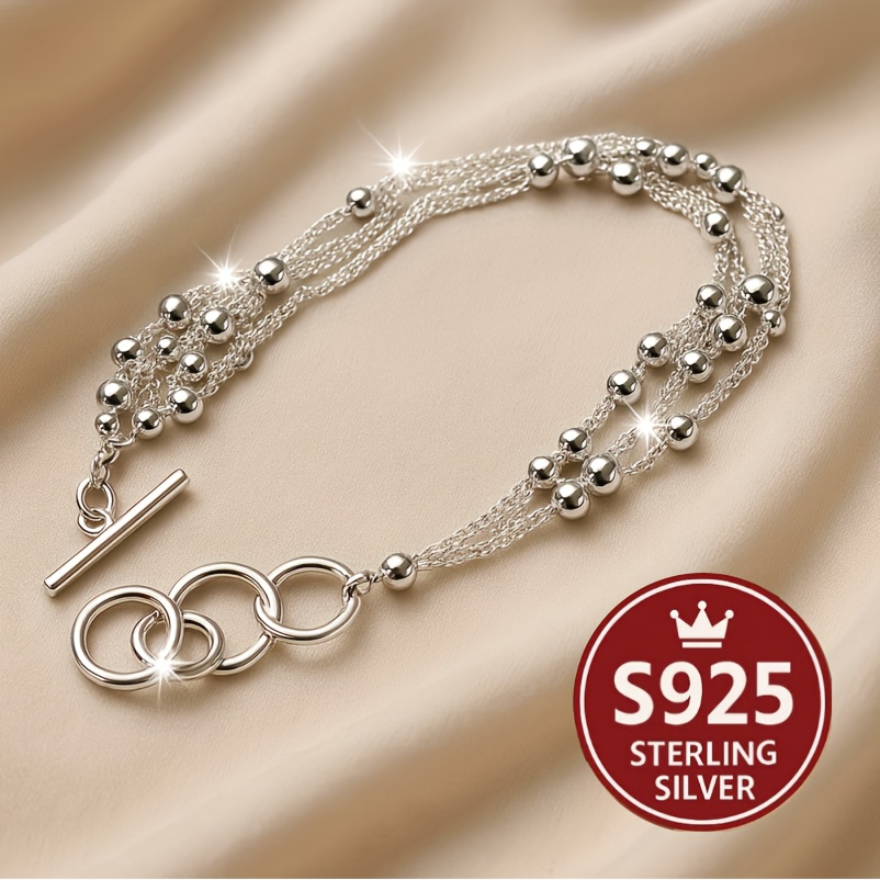 TEMU Unique S925 Sterling Silver Bracelet - Niche Designer Beaded Jewelry For Women, Outfits