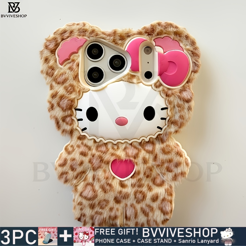 TEMU 3pcs-(phone Case + 2 Screen Cleaning Wipes)new -licensed Women's Leopard-print Hello Kitty Cat-shaped Plush Phone Case For Iphone Case, For