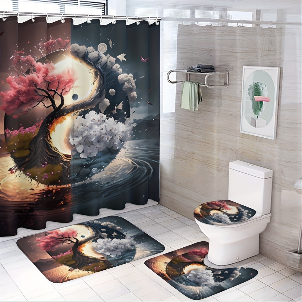 

1/3/4pcs Chinese Style Yin Yang Flower Tree Pattern Bathroom Set, Machine Washable, Shower Curtain, Non-slip Bath Mat, U-shape Mat, Toilet Lid Cover, Bathroom Decor, Hooks Included