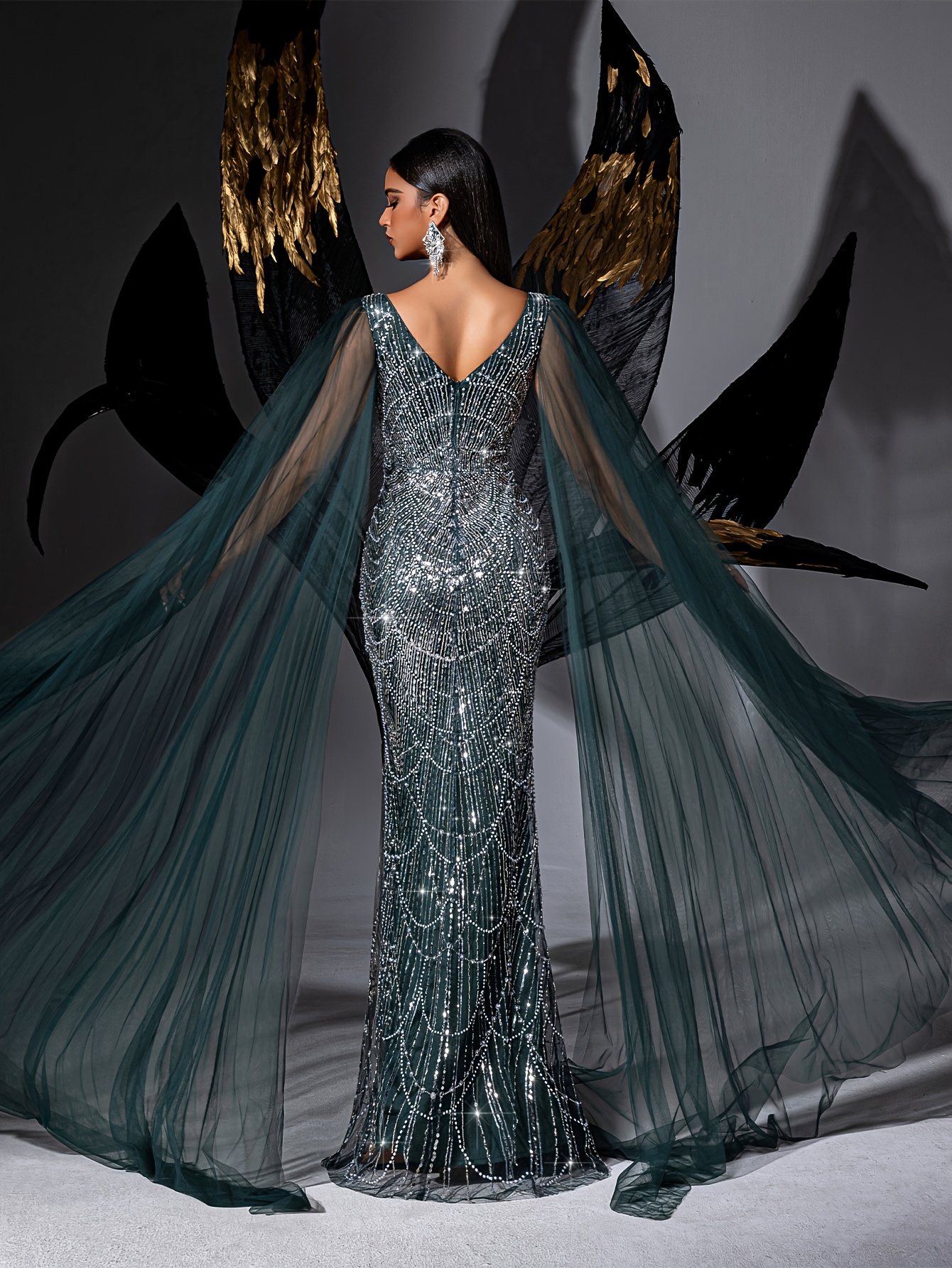 green emerald velvet dress Dark Green Silver Beaded Velvet High Split Mermaid Prom Dresses main image 1