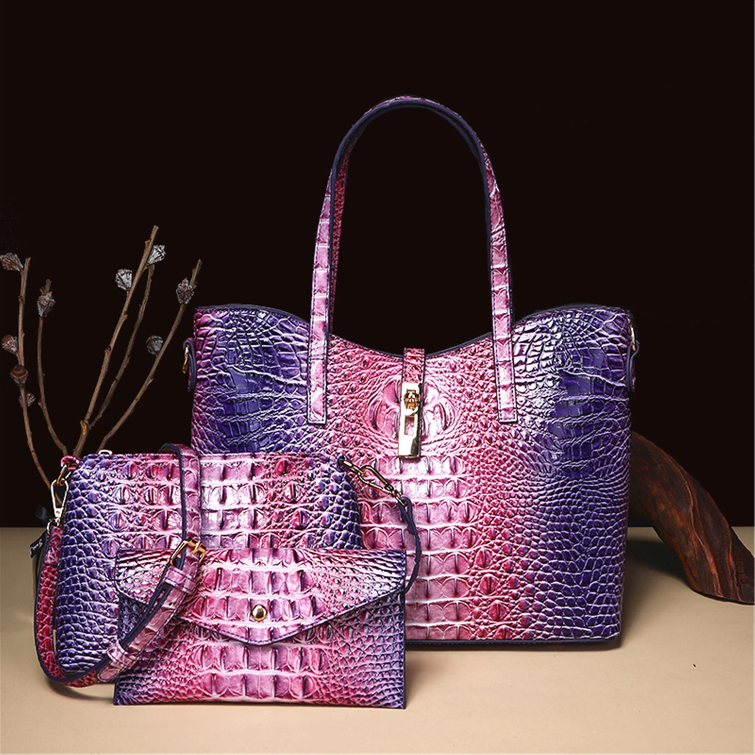 3-Piece Crocodile Print Handbag Set - Fashionable Vintage Style, Multi-Functional Top Handle Crossbody, Business Clutch & Coin Purse - Spacious, Secure, Ideal For Everyday Chic