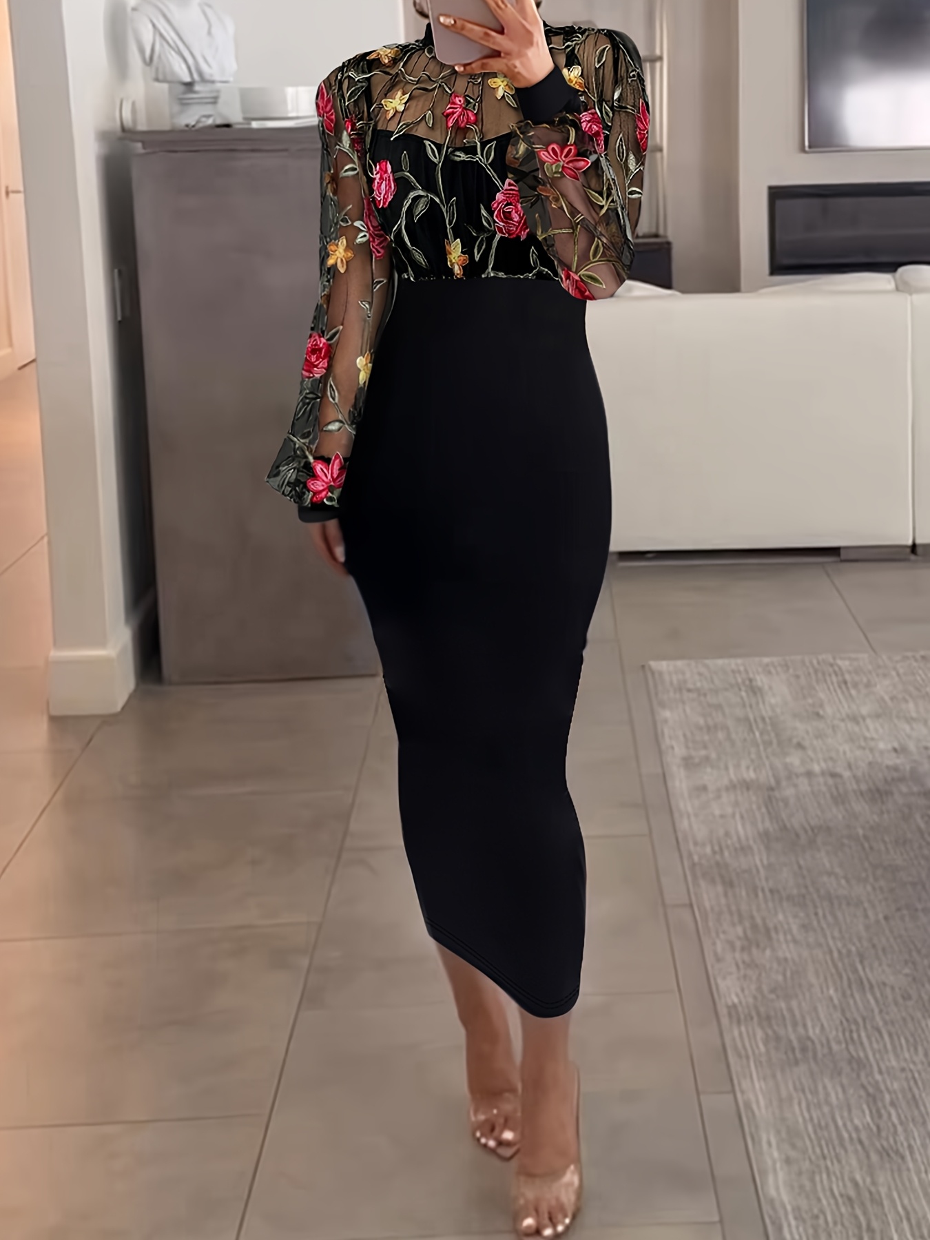 brown embroidered rose dress temu Floral Chiffon Maxi Gown with Long Sleeves – Terijon.com