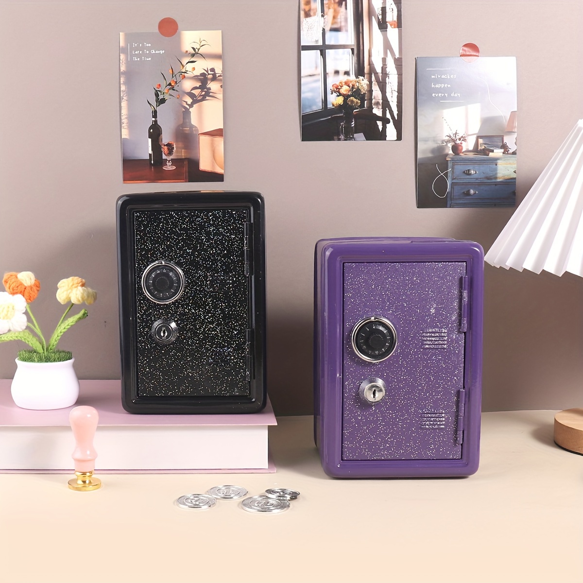 

1pc Saving Box, 3d Safe Design With Glitter Detail, Creative Coin Storage Organizer For Home And Office, Non-waterproof, Ideal Gift , Black Or Purple, Decorative Storage Box