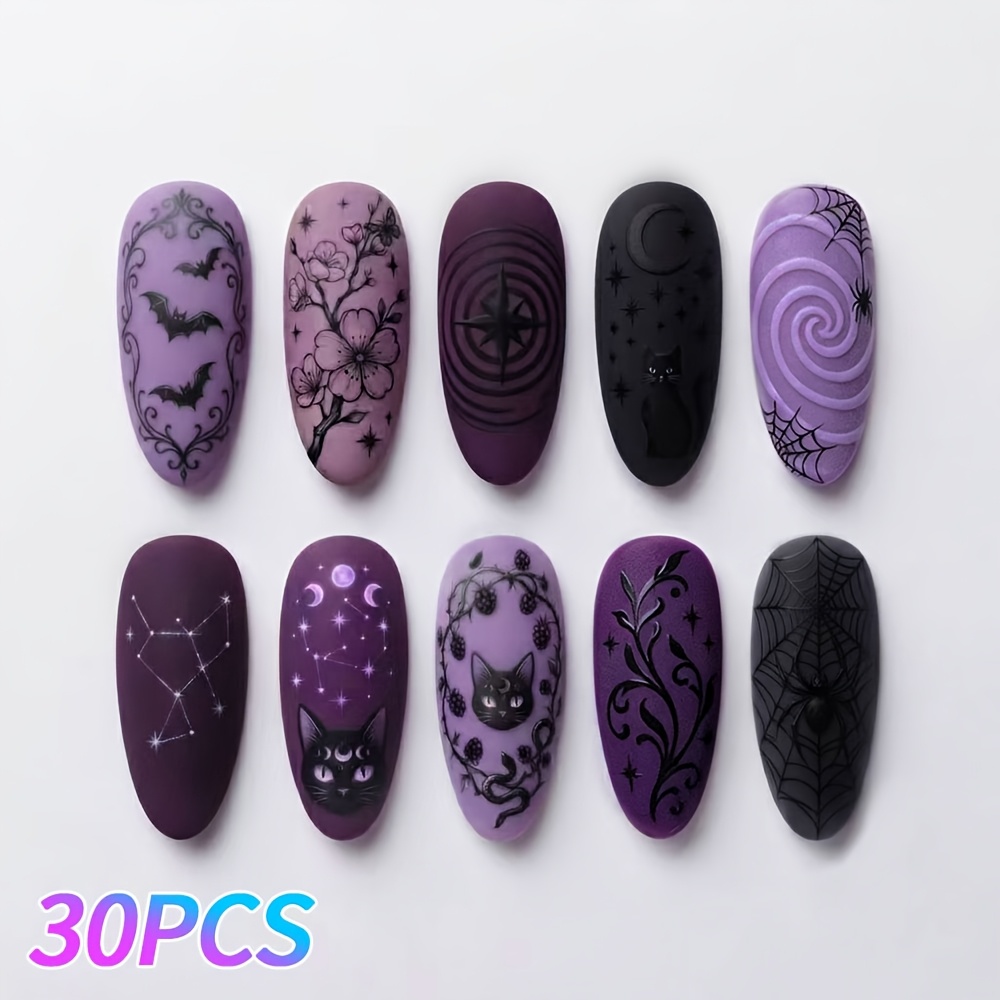 TEMU 30pcs Medium Almond Press-on Nails, Matte Purple And With Black Cat, Bat, Web, Constellation And Floral Print, Dark Gothic Halloween Style,