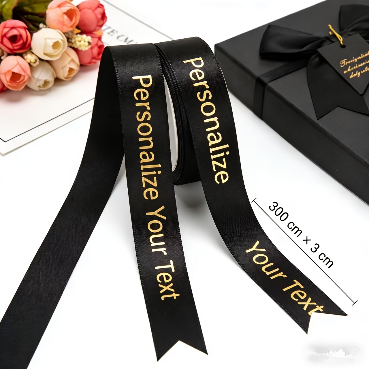 TEMU Bande de ruban personnalisée 1pc Taille 300Cm X 3Cm avec personnalisé, lettrage noir à chaud, ruban premium, pour de cadeaux et la décoration de
