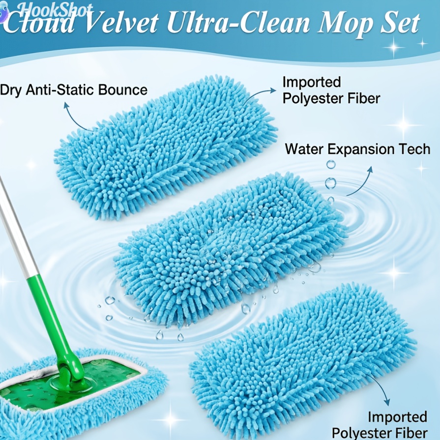 TEMU 3-pack Blue Heavy-duty Reusable Caterpillar Mop Head Replacement, 7-use Compatible With Vacuum Cleaners, Beautiful Cleaning Supplies, Sunny Home