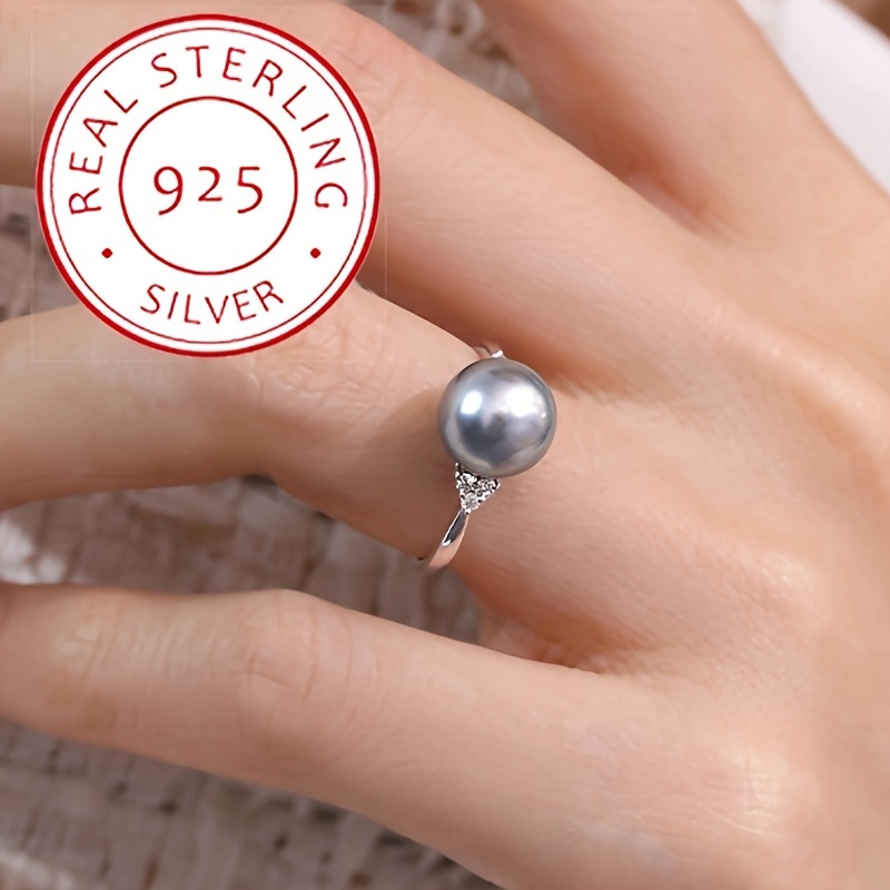 

Elegant Sterling Silver S925 Ring With Gray Faux Pearl, Simple Style Engagement Gift Jewelry For Women
