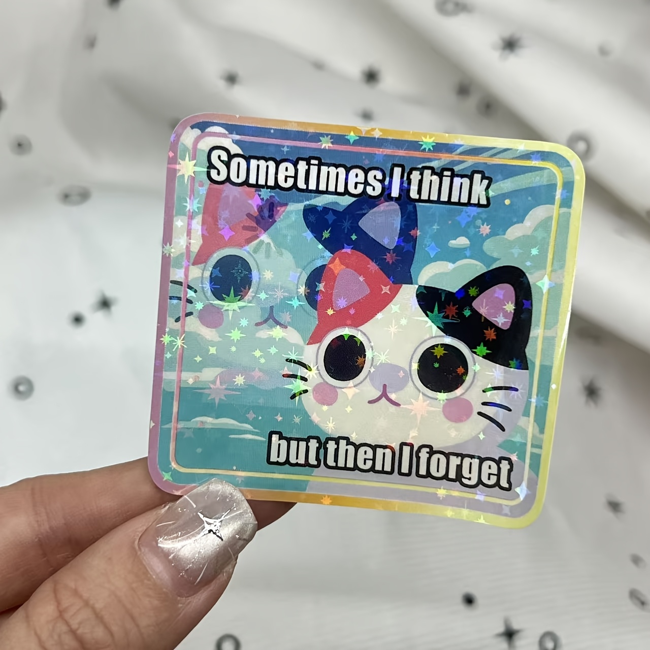 But I Holographic Vinyl Sticker | Cute Funny Meme Calico Cat | Blue And Orange | Kawaii Aesthetic