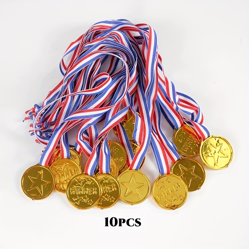 E-shop 10er-Pack Goldene Kunststoff-Siegermedaillen mit Bändern, Trophäe-Preise für Sport, Spiele, Geburtstag, Abschluss, Bachelor-Party-Geschenke,