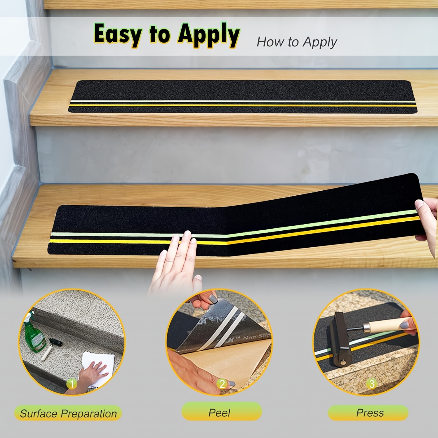Double Reflective Tapes Outdoor Stair Tread Non-Slip, with Reflective And Glow-In-Dark Strips, Non-Slip Stair Tread High-Traction Tape, Suitable for Wooden Steps Ramps Deck Boat, Black
