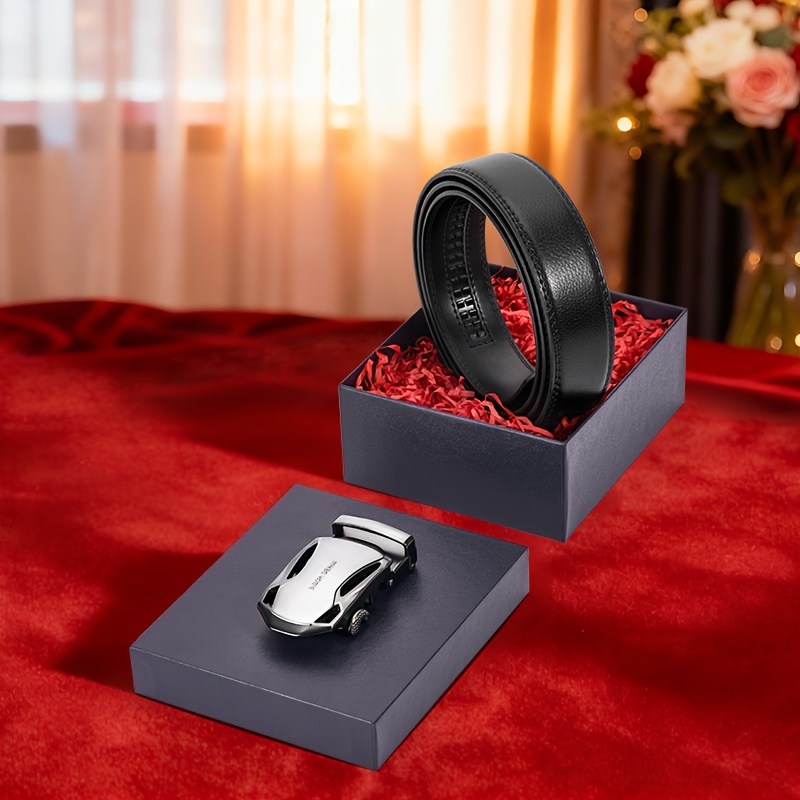 BISON DENIM Men'S Automatic Buckle Casual Belt | Second Layer Cowhide, Business Formal, Daily Multi-Functional, Adjustable, Genuine Leather, Zinc Alloy Golden Buckle, Gift Box, Suitable for Valentine'S Day and Christmas Gift