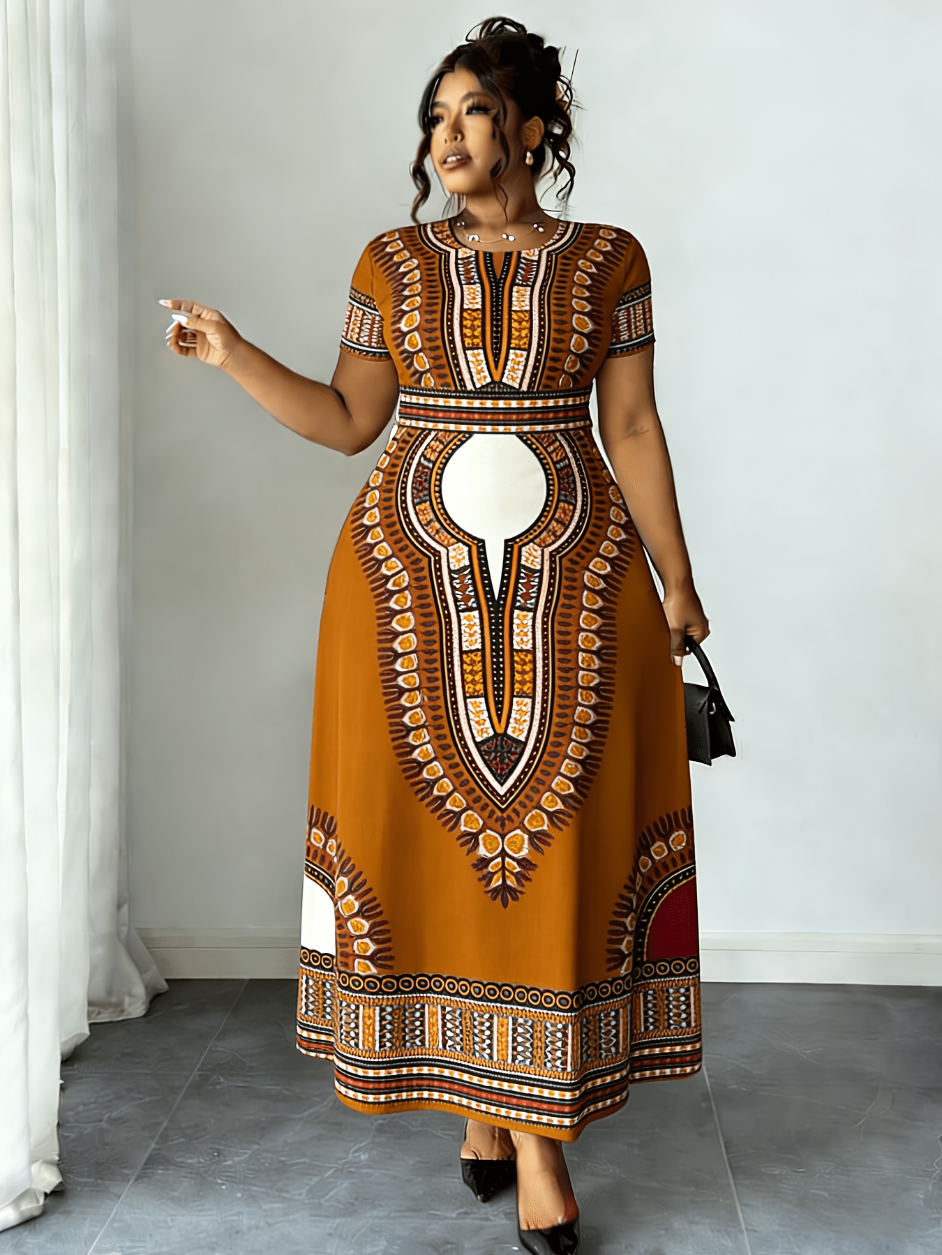 women casual summer dress african   print elastic waist short sleeve midi length   pattern work office swing dresses xxs to xxl