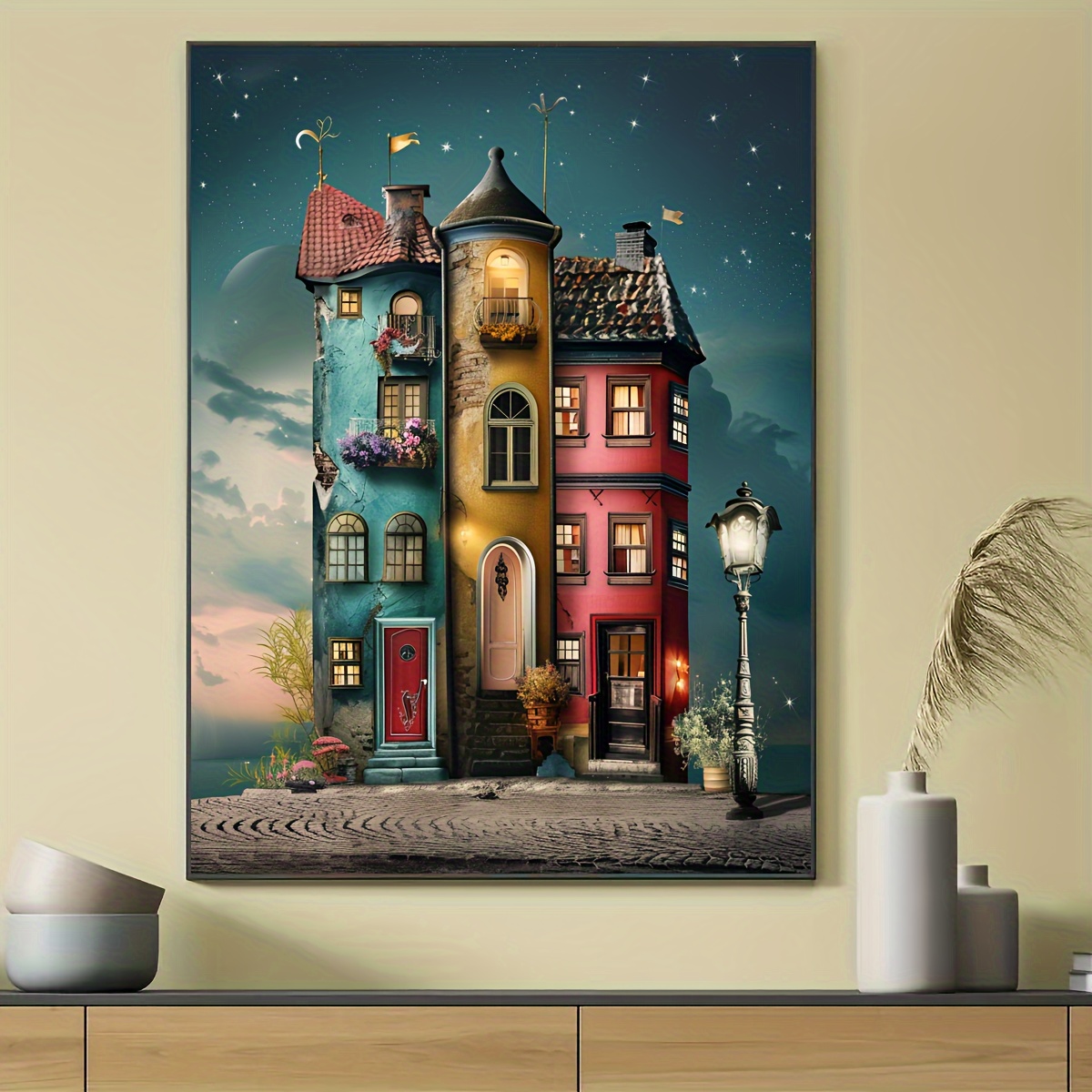 

1pc Whimsical Colorful Houses Canvas Wall Art, Fabric Material, Frameless Decorative Print For Living Room Bedroom Kitchen Office Cafe, Ideal Gift And Home Decor