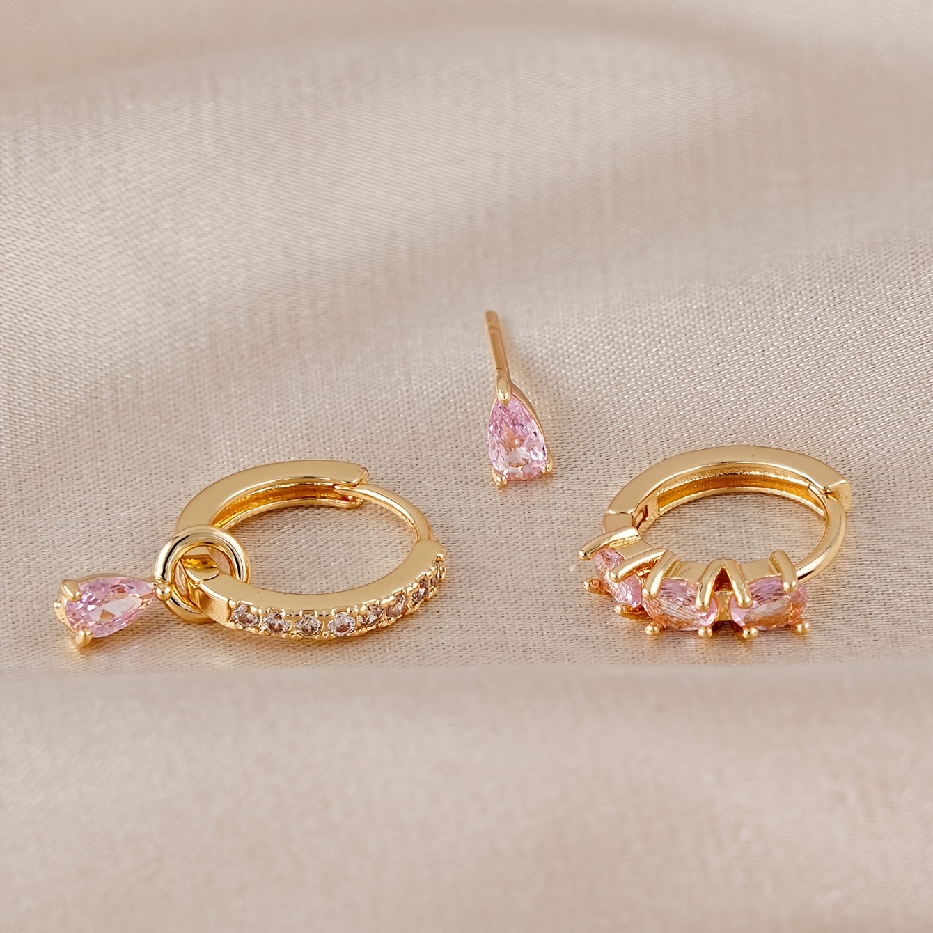 TEMU Juego de 3 pendientes minimalistas para mujer, exquisitos y bonitos aros con incrustaciones de circonita sintética rosa, adecuados para uso