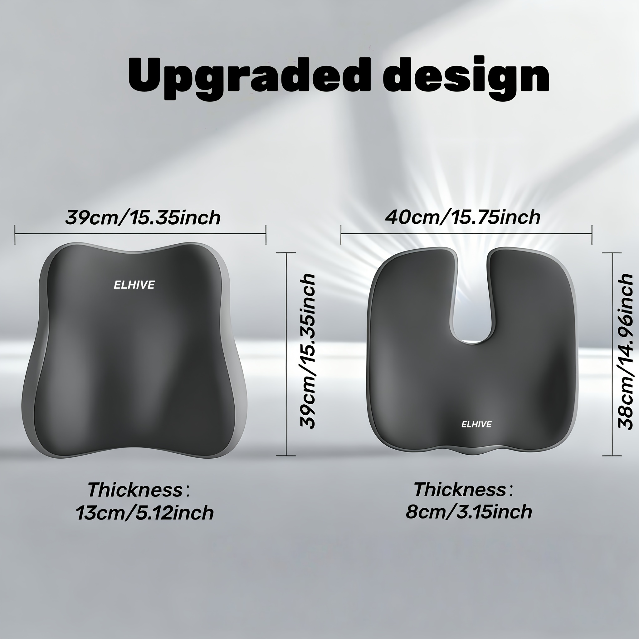 Ergonomic Memory Foam Seat Cushion and Lumbar Support Pillow Set | Slow Rebound, Medium Soft Firmness, Suitable for Office Chairs, Cars, Wheelchairs |, Grey, Polyester, ELHIVE