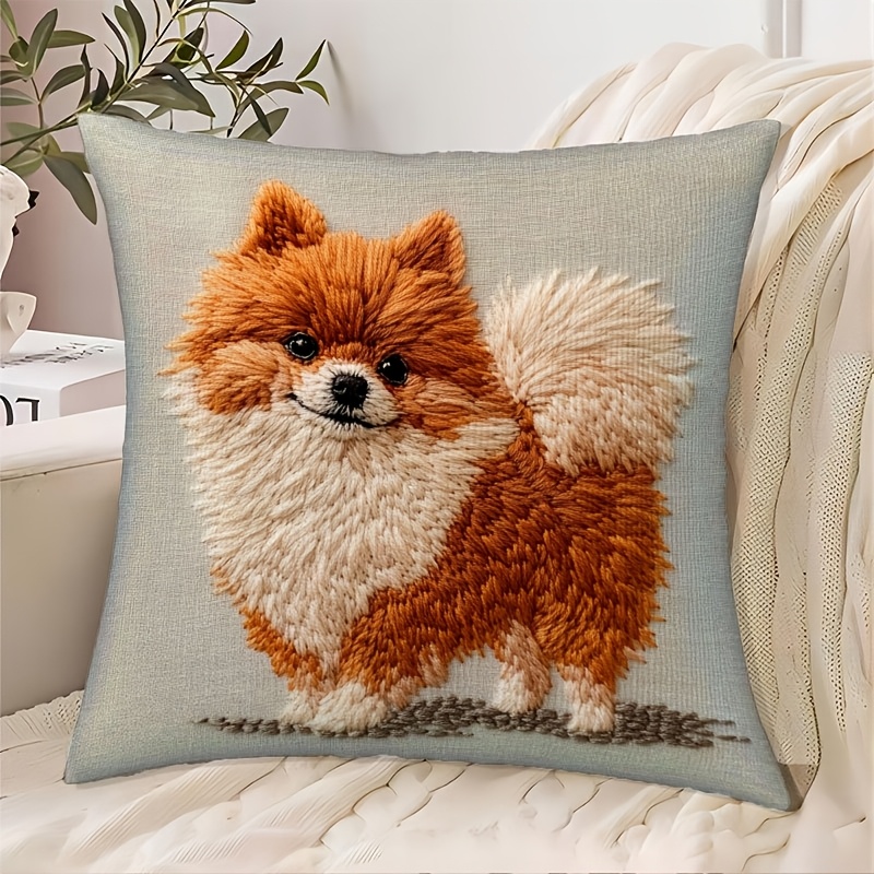 

1pc Vintage Style Pomeranian Dog Embroidery Cushion Cover, 18x18 Inches, Soft Polyester Short Plush, Machine Washable, Zippered, Woven Decorative Pillowcase For Home & Room Types - Cfj0418