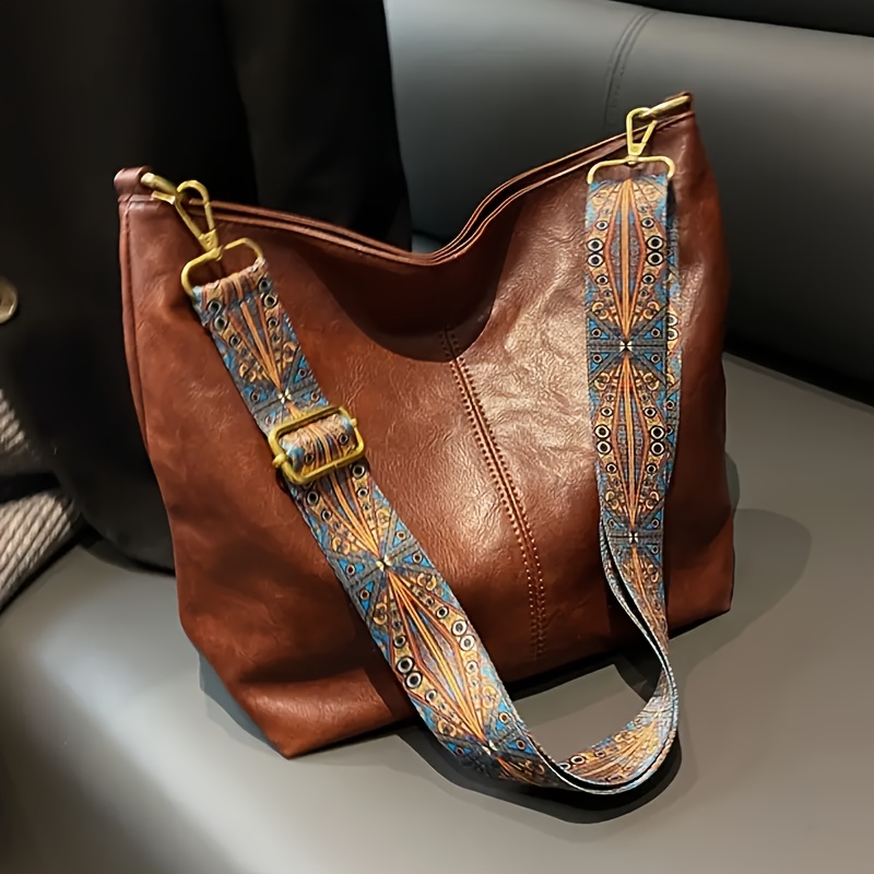 Image of Geometric Strap Hobo Bag, Large Capacity Crossbody Bag, Bohemian Style, Women's Retro Style Shoulder Bag For Birthday Gifts